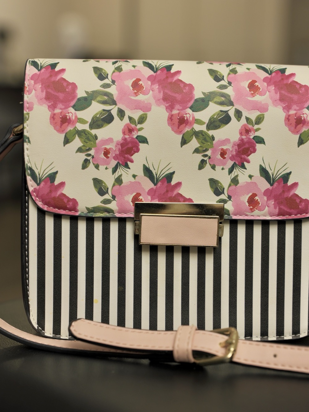 Pink Floral & Black Stripe Crossbody Bag with Gold Accent